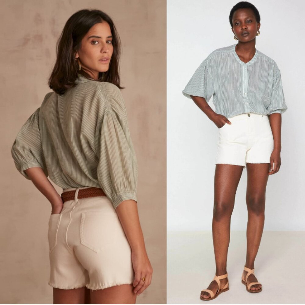 MAISON 123 PARIS Almond Blouse Lightweight Green Stripes Size FR 42 (US 12)